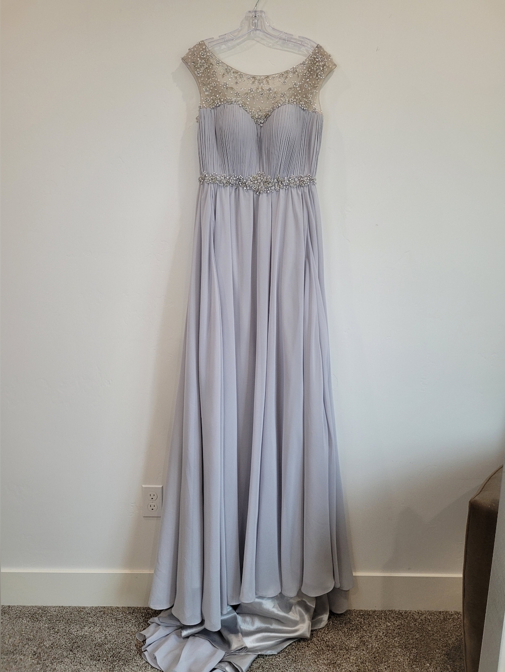 Elegant Beaded Illusion Neck Silver Evening Gown Original Tag Attached $1,000
